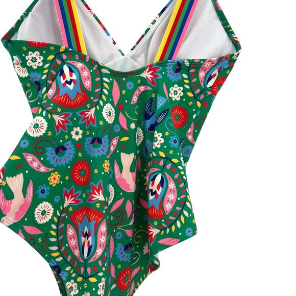 Boden Stripe Trim Swimsuit One Piece Decorative Garden Floral Green Size US 8 - Picture 9 of 11